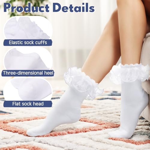 Image of Geyoga 3 Pairs Women Big Ruffle Socks Turn Cuff, Double Lace Ankle Cotton Frilly Socks for Ladies Summer
