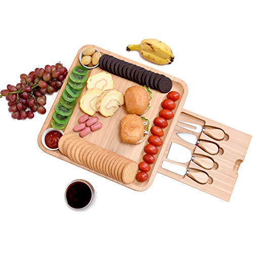 🛒 Flash Sale Bamboo Cheese Board Premium Charcuterie Party Platter & Serving Tray with Cutlery Set for Wine, Crackers, Brie and Meat,2 Ceramic Bowls, Awesome Housewarming&Christmas Gift