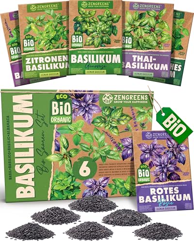 ZenGreens® - Bio Basilikumsamen im 6er Set - 6 Basilikum Samen für den einfachen Anbau im Garten, Balkon oder Hochbeet - Pflanzensamen - Saatgut
