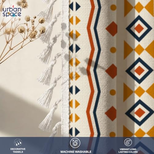 Image of Urban Space Abstract Boho Decorative Curtain for Window, 100% Cotton Curtain 5 Feet Long, 1piece Curtain with Tassels, 60-65% Room Darkening with Tieback and Eyelets (Boho Multi Orange, 5 Feet)