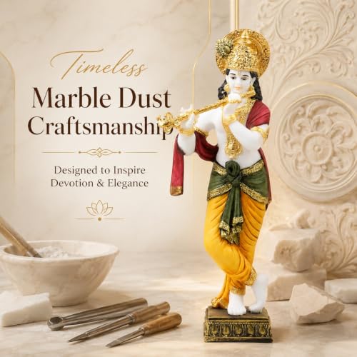 Image of ARMONIA Lord Krishna Idol Marble Dust Statue Murti | Krishana Sculpture for Home Decor, Pooja ghar, Mandir & Gifting Item |Best Gift for Housewarming (30 cm, Multicolor) (Including Microfiber Cloth)