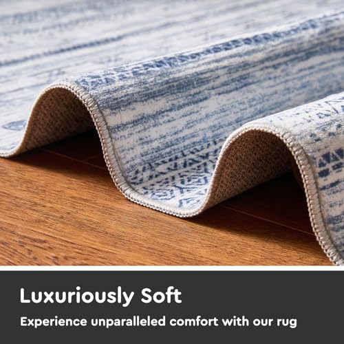 2x8 Runner Rug Machine Washable Non Slip Area Rug Distressed Neutral Moroccan Boho Rug Ultra Soft Floor Runners for Hallways for Entryway Laundry Room Kitchen, Blue