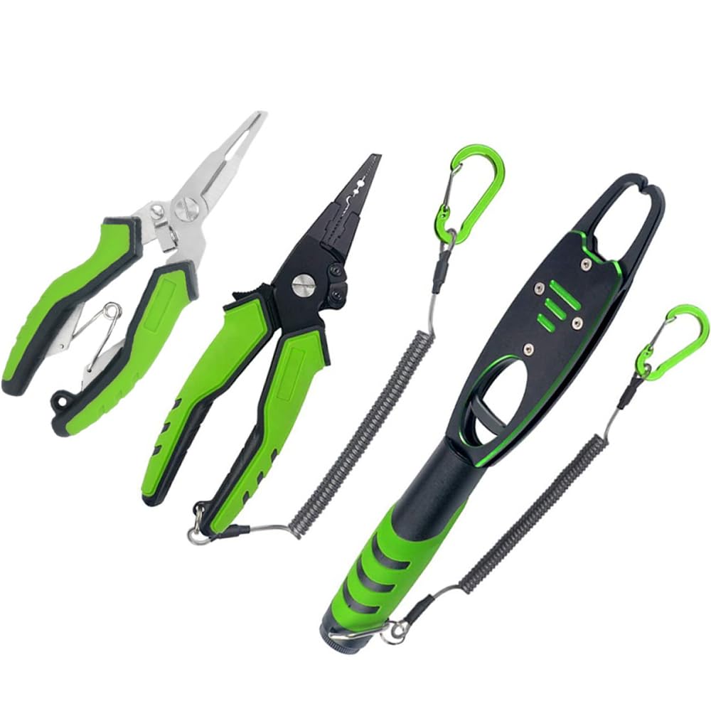 Set di 3 pinze da pesca portatili, in acciaio inox e alluminio, con bilancia e cordino, 15 kg