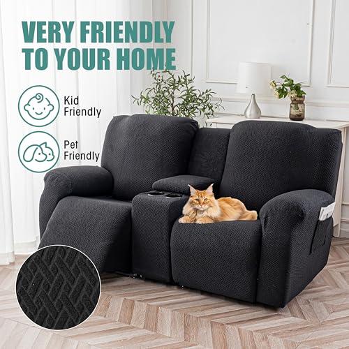 Image of Genina Recliner Loveseat Covers with Console, Stretch Reclining Sofa Covers, 2 Seater Couch Cushion Stripe Jacquard Recliner Slipcovers - Furniture Protector Covers for Pet(Black)
