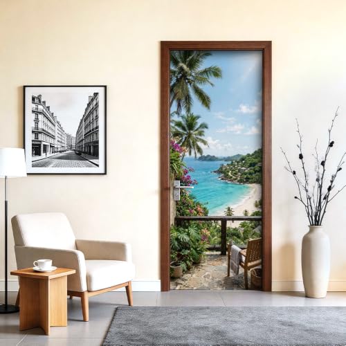 Image of Tropical Balcony Door Mural, Ocean View Door Cover, 30.3x78.7in
