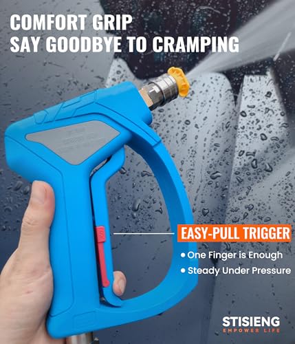 Image of Short Pressure Washer Gun with 360 Swivel, High Pressure Stubby Power Washer Gun Kit with 5 Nozzle Tips, M22-14mm & 15mm Adapters, 3 /8 inch QC for Car Wash Detailing & Cleaning (Blue)