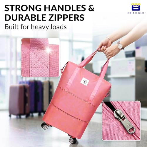 Image of Btag Travel Duffle Bag with Wheels | Convertible Handbag, Trolley & Shoulder Luggage for Clothes | Space-Saving Foldable Travel Companion |Expandable & Waterproof Traveling Bag for Unisex (Sweet Pink)