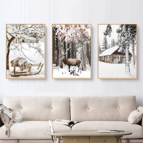 TROYSINC 3er Premium Poster Set, Winter Bilder, Elch, Holzhaus, Wald...