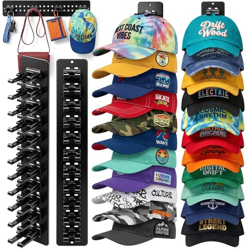 2 Pack Hat Organizer for Baseball Caps,Detachable DIY Hat Rack for Wall Hold Up to 22 Hats,Baseball Cap Organizer Cap Holder Hat Hangers for Wall Closet Door Bedroom (1A-Black) - image 1