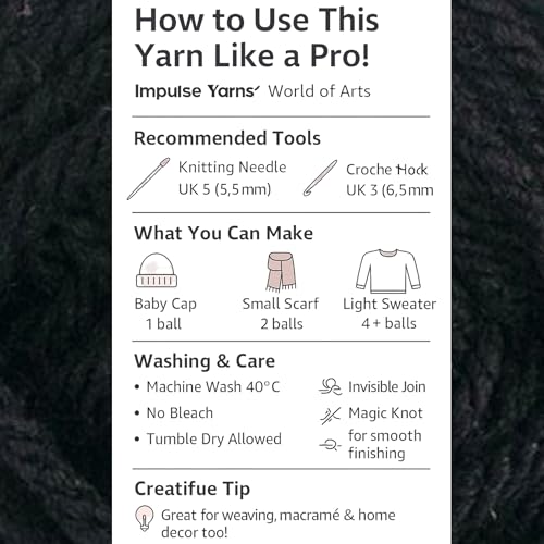 Image of WOAFashions Impulse Hand Knitting & Crochet Yarn, Premium Acrylic, 4 : Medium (Black) (2x100gms / 3.5oz / 200mtr / 218yds)