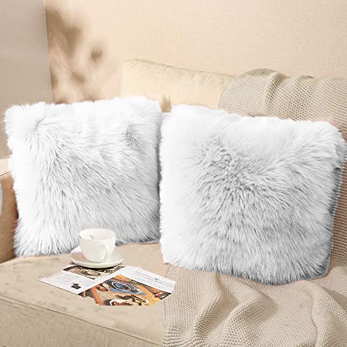 Image of Fur Cushion Pillow Cover for Set of 2 Pillow - 13x13 Inches (White)
