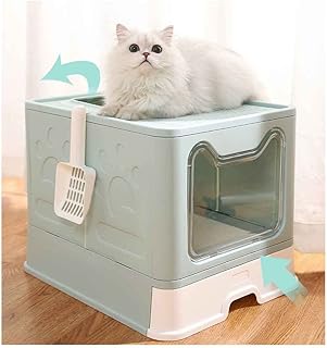 AnRui Large Foldable Cat Litter Box with Lid, Top Entrance Anti-Splashing Enclosed Cat Toilet Box with Scoop Drawer Type Cat Litter Pan Easy to Clean High Sided Pet Litter Box (Green)