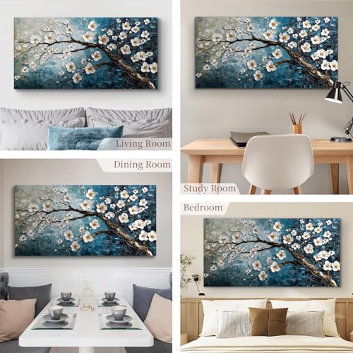 crmotu Large Wall Art for Living Room, Plum Blossom Tree Canvas Prints Paintings, Flowers Branch Room Decorations Artwork, Teal Blue Aesthetic Pictures Wall Decor for Bedroom Bathroom Office 24"X48"