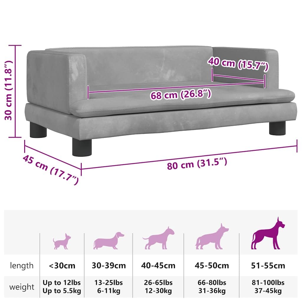 Cuccia per cani in velluto grigio chiaro con superficie di appoggio da 80 x 45 x 30 cm, morbido divano per cani con fondo antiscivolo, delicato sulle articolazioni e comodo, per cuccioli