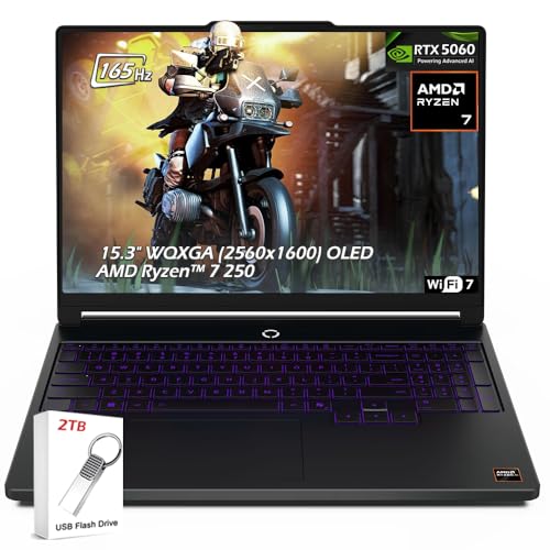 Image of Lenovo Legion 5a 15AHP11 Gaming Laptop, 15.3 inch WQXGA (2560x1600) OLED 165Hz, AMD Ryzen 7 250, NVIDIA RTX 5060, 64GB DDR5 2TB SSD, Wi-Fi7, Backlit KB, Win11, Eclipse Black, 2TB Flash Drive, W /GaLiMu