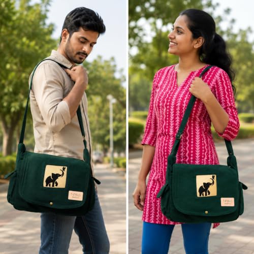 Image of Rough Canvas Cotton Messenger Sling Bag, (32x23x10cm, 7.5L) Medium Size. Patching with Elephant Design