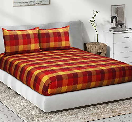 Image of AIRWILL, 200GSM Handloom Cotton Double Bedsheet with 2 Pillow Covers, Dobby Checks Designer Weaved Red, Yellow and Maroon Combo - Pack of 3 pcs