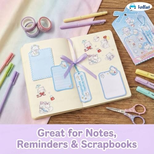 Image of FunBlast Cute Cat Sticky Notes - Cat Memo Pad, Kawaii Sticky Note for Kids & Girls, Self Adhesive Notes and Bookmark, Stationery Gift for School, Office & Personal Use (Blue-)