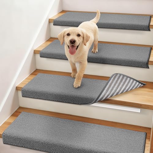 COSY HOMEER Bullnose Carpet Stair Treads, Peel and Stick Non-Slip Stair Treads for Wooden Steps, 11" x 30" Indoor Stair-Runner Rugs (14Pc, Gray)