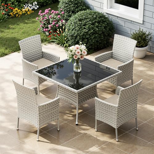 Muphyers 5-Piece Patio Dining Set, Patio Furniture Set with Square Tempered Glass Table & 4 Wicker Chairs, Expandable Design for Larger Groups, Outdoor Furniture for Backyard, Deck, Garden, Beige