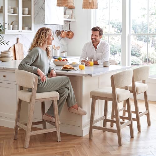 Image of Zesthouse Wooden Counter Height Stools Set of 2, Mid Century Kitchen Bar Stools with Back & Solid Wood Legs, Farmhouse Upholstered Barstools for Kitchen Island, Beige Linen Fabric+Antique Brown Finish