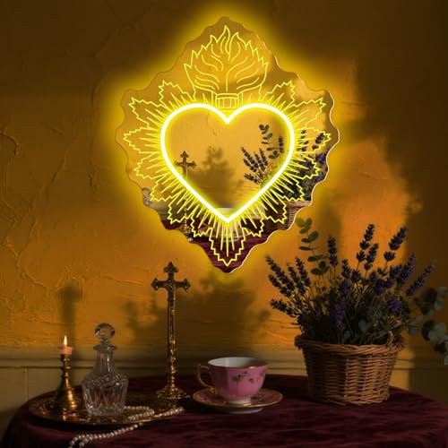 Image of Sacred Heart Mirror Neon Sign 22.95″x19″, Religious LED Wall Light - Catholic Home Decor, Church Events, Christening Gifts, Spiritual Wall Art, Christian Gift Ideas