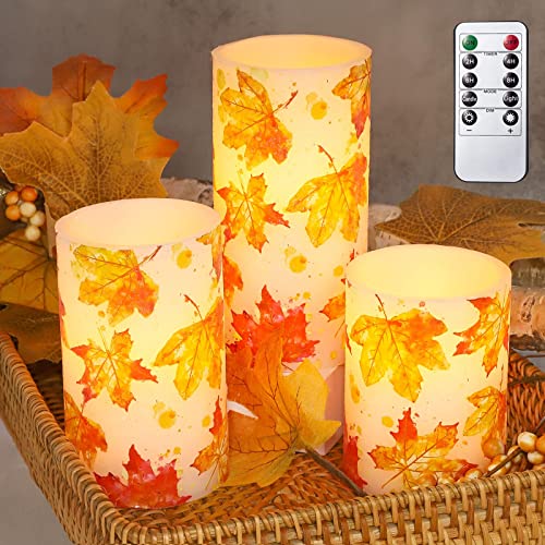 Meltone Fall Harvest Flameless Candles Autumn Leaves Decal Flickering Battery Operated Candles Remote For Home Xmas Holiday Christmas Thanksgiving Decorations - Set Of 3 #TOP2