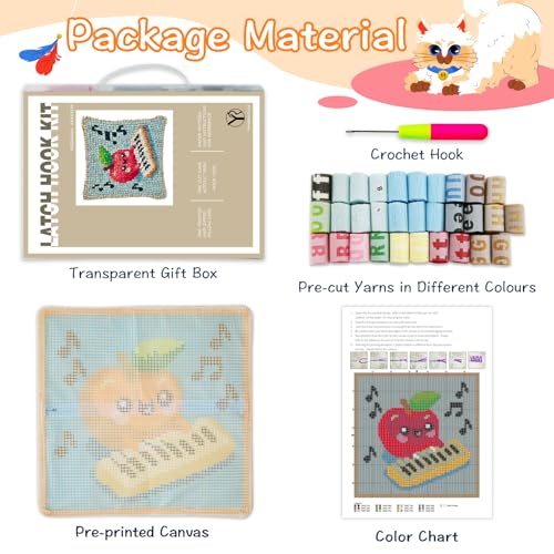 Image of YP DIY Throw Pillow Apple Pianist Latch Hook Kit - 18x18 Inch Handmade Craft Set for Beginners, Perfect Pillowcase for Home Decor or Gifts