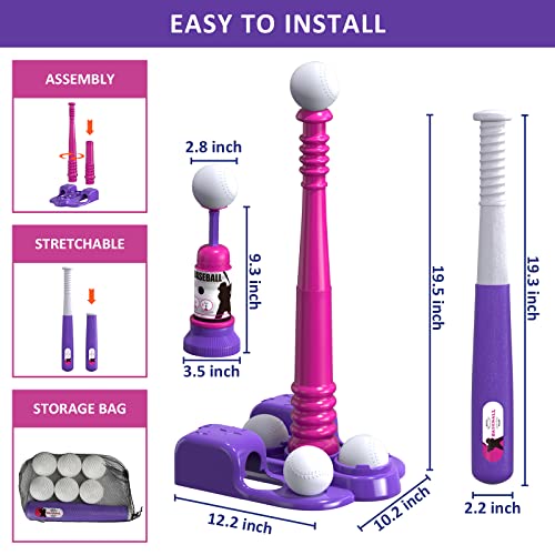 Qdragon 2 In 1 T Ball Sets For Kids 3-5 5-8, Tee Ball Set With Automatic Pitching Machine/Adjustable Batting Bat & Stand/6 Balls, Baseball Toys Outdoor Sport For Toddlers Girls, Pink #TOP7