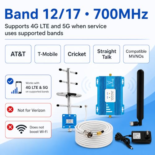 Image of Cell Phone Signal Booster for AT&T & T-Mobile, 5G 4G LTE Band 12 /17 700MHz | AT&T & T-Mobile Cell Signal Booster for Home, 3,000 Sq Ft, FCC Approved, Multi-User, Outside Signal Required