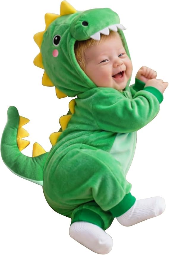 Baby Halloween Costume Toddler Dinosaur Costume Fuzzy Warm Dinosaur Dragon Hooded Romper Funny Cosplay Zip-Up Jumpsuit Fall Winter Animal Outfit Unisex 1-9 Months — image 1