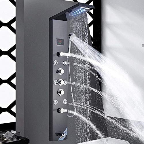 Pannello doccia a LED in acciaio inox con indicatore di temperatura e 8 getti massaggianti, colore: (nero)