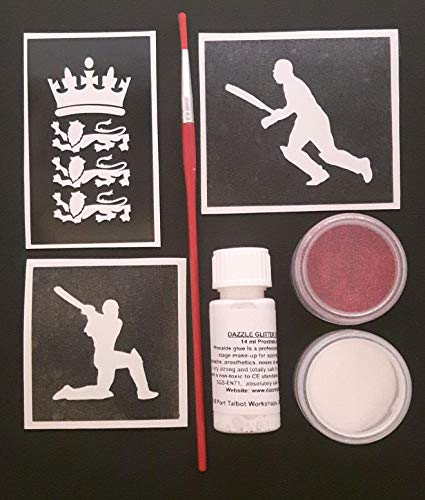 England cricket glitter tattoo set including 30 stencils + red & white glitter + glue World Cup cricketer