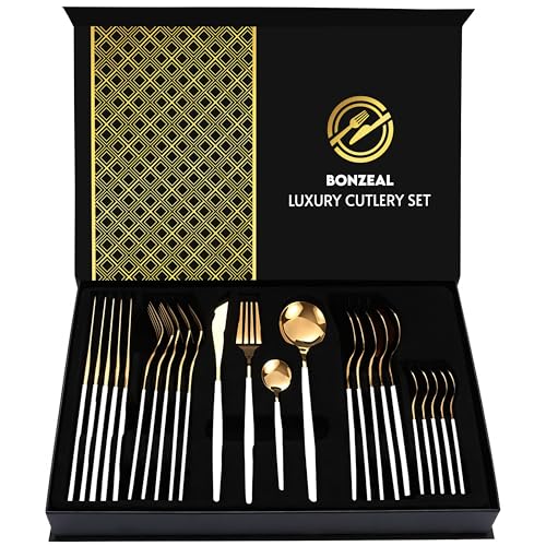 Image of Stainless Steel White Gold Cutlery Set for 6 Person with Gift Box 24 Pieces Mirror Finish Luxury Premium Flatware Set for Dining Table Hotel Cafe Bar Restaurant House Warming Gifts