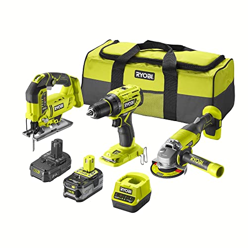 RYOBI - Pack 3 outils sans fil One+ : perceuse R18DD7 - meuleuse R18AG - scie sauteuse R18JS - 2...