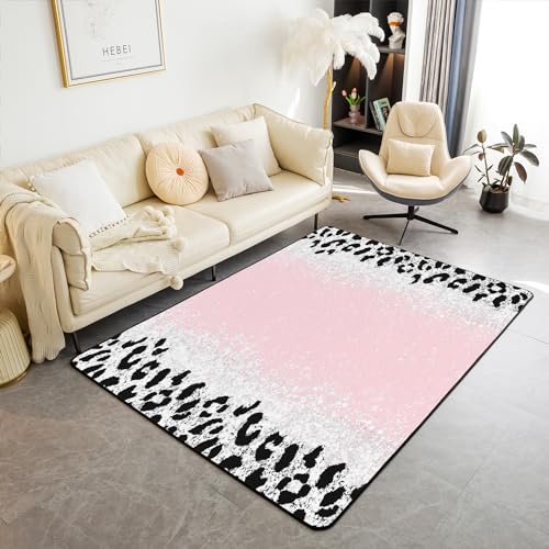 jejeloiu Ombre Pink Rugs for Living Room Bedroom Pink Silver Leopard Glitter Area Rug 3x5 for Kids Glam Glitter Art Decorative Rug Boys Girls Bling Shiny (Not Glitter) Non-Slip Accent Rug