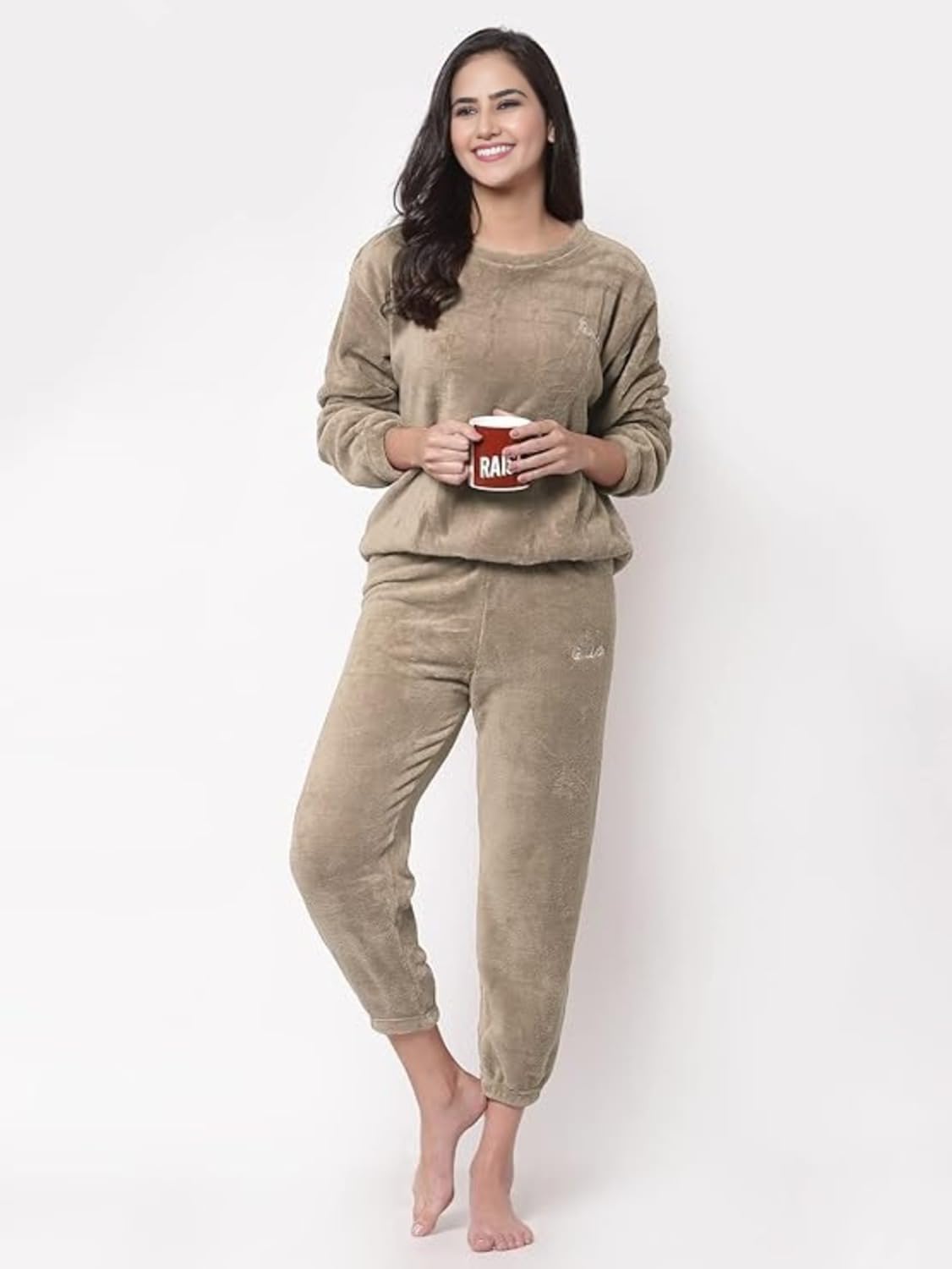 Combinaison de nuit d'hiver pour femme - Vêtement de nuit en fourrure chaude pour filles - Ensemble de pyjama pour femme - Haut à manches longues et pantalon de pyjama - Coupe droite - Col