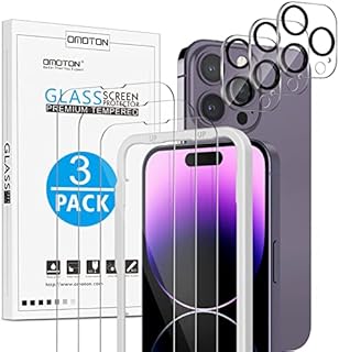OMOTON 3+3 Pack for iPhone 14 Pro Max Screen Protector,3 Pack Tempered Glass Screen Protector and 3 Pack Camera Lens Protector with Easy Installation Frame,Sensor Protection,Anti-Scratch,6.7 Inch
