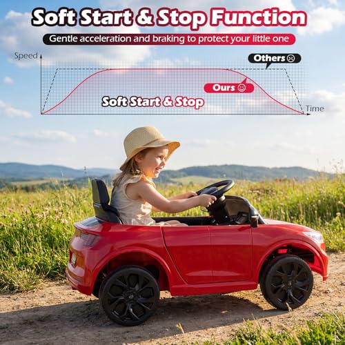 Image of Costzon Ride on Car, 12V Licensed Ford Mach E Kids Electric Vehicle with Parent Control, LED Lights, Horn, Music, Wireless Connection & Spring Suspension, Kids Car Toy for Girls Boys (Red)