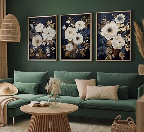 3Pcs Navy Blue Abstract Floral Canvas Wall Art Moody Dark Flowers Plants Painting Picture Wall Decor Poster Print Artwork Suitable for Living Room Bedroom Home Decoration Unframed — view 3