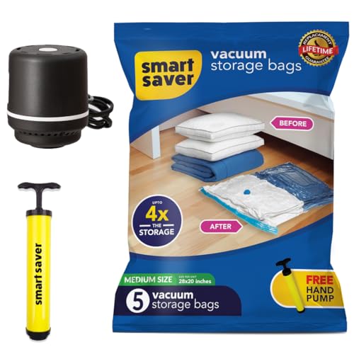 Image of Smart Saver 5 PACK MEDIUM with electric Pump Space Saver Ziplock Vacuum Bags For Packing, 5 Medium(50X70) cm Reusable Travel Essentials With Handpump, Plastic Compression Storage Organizer