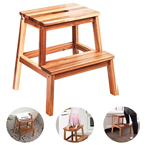 Wooden Step Stools 2 Steps Stool for Adult Kid Toddler in Bathroom with Anti-Slip Frame Portable Stepping Stool Heavy Duty Multi-Purpose by Amebee for Kitchen Bedside Bathroom, 250lb Capacity (Wood)