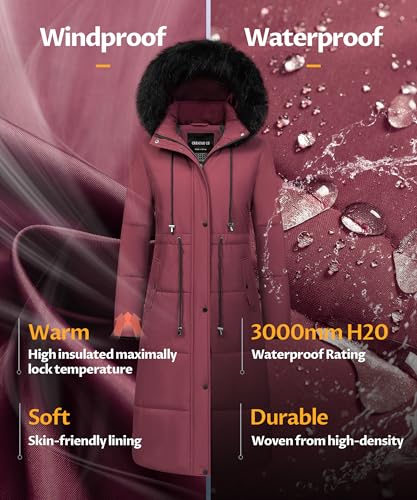 CREATMO US Women's Long Winter Coat Warm Waterproof Puffer Jacket Snow Quilted Bubble Parka with Hood4