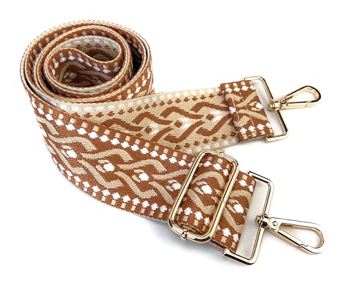 Image of Brown Beige Geometric Jacquard Purse Strap with Light Gold Hardware 2 Inch Wide Replacement Crossbody Guitar Style Shoulder Strap for Handbags Totes