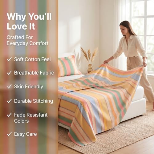 Image of BSB HOME 240 TC Cotton Feel Bedsheet with 2 Pillow Covers, Soft & Breathable Printed Double Bed Sheet for Bedroom, Fade Resistant & Easy Care - 90 x 100 Inches (228 x 254 cm) - Sorbet Pastel Stripe