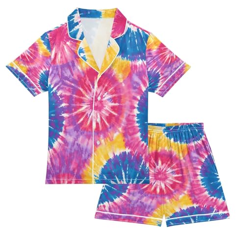 ALAZA Blue Yellow Tie Dye Watercolor Satin Pajamas Set Short Sleeve Button Down Sleepwear Summer Pjs 2 Piece