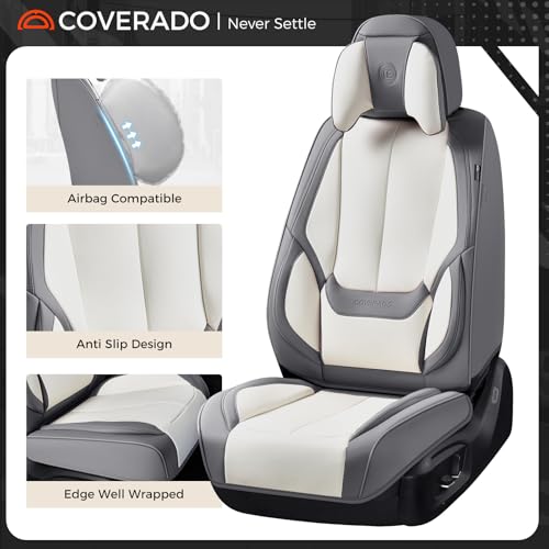 Image of Coverado Seat Covers, Car Seat Covers Front Seats, Car Seat Cover, Car Seat Protector Waterproof, Seat Cushion Nappa Leather with Head Pillow, Carseat Cover Universal Fit for Most Cars (Gray&White)
