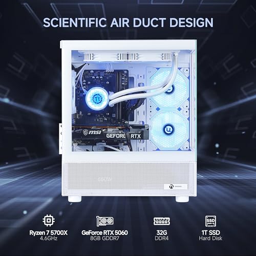 Image of NINGMEI Gaming PC Desktop Computer, Ryzen 7 5700X Gaming Desktop Computer, 32GB RAM 1TB NVMe SSD, GeForce RTX 5060 8GB, Prebuilt Tower PC with Liquid Cooling, 650W PSU, Windows 11 Home, White