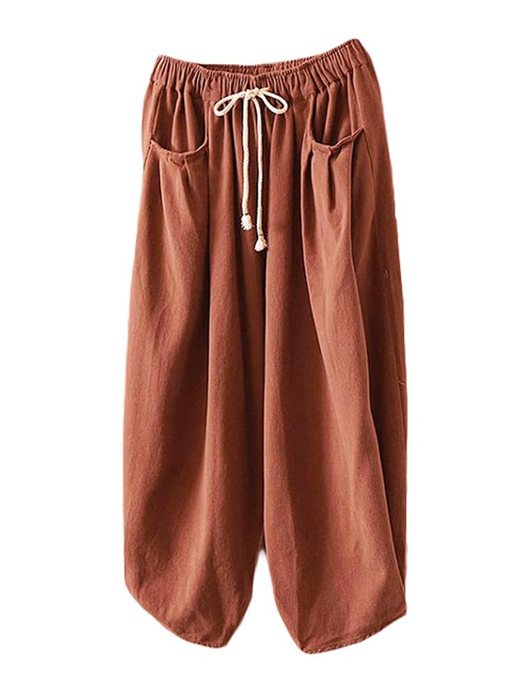 Minibee Womens Baggy Harem Pants Wide Leg Casual Pant Summer Cotton Drawstring Trousers with Pockets