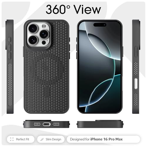 Image of Outlouders Back Cover for iPhone 16 Pro Max | Honeycomb Cooling Design | Silicone Heat Dissipation | Mag-Safe Compatible | Shockproof Camera Protection Bumper Case (Black Mag-Safe)